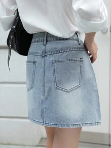 K-Vae Women's Bow Pattern Pocket Hot Diamond Casual Denim Skirt,Fall Women Clothes,School Clothes - Light Wash - View 2