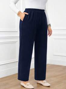 Miaspire Plus Size Women's Casual Daily Black Long Pants With Pockets - Navy Blue - View 4