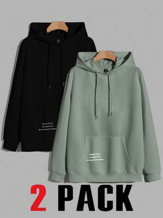 Set da 2 felpe da uomo basic in cotone, con stampa di lettere inglesi e tasche, vestibilità slim