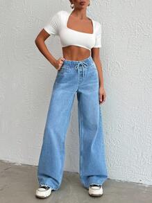 EURMUSE MID WAIST WIDE LEG  ELASTIC   JEAN - Light Wash - View 3