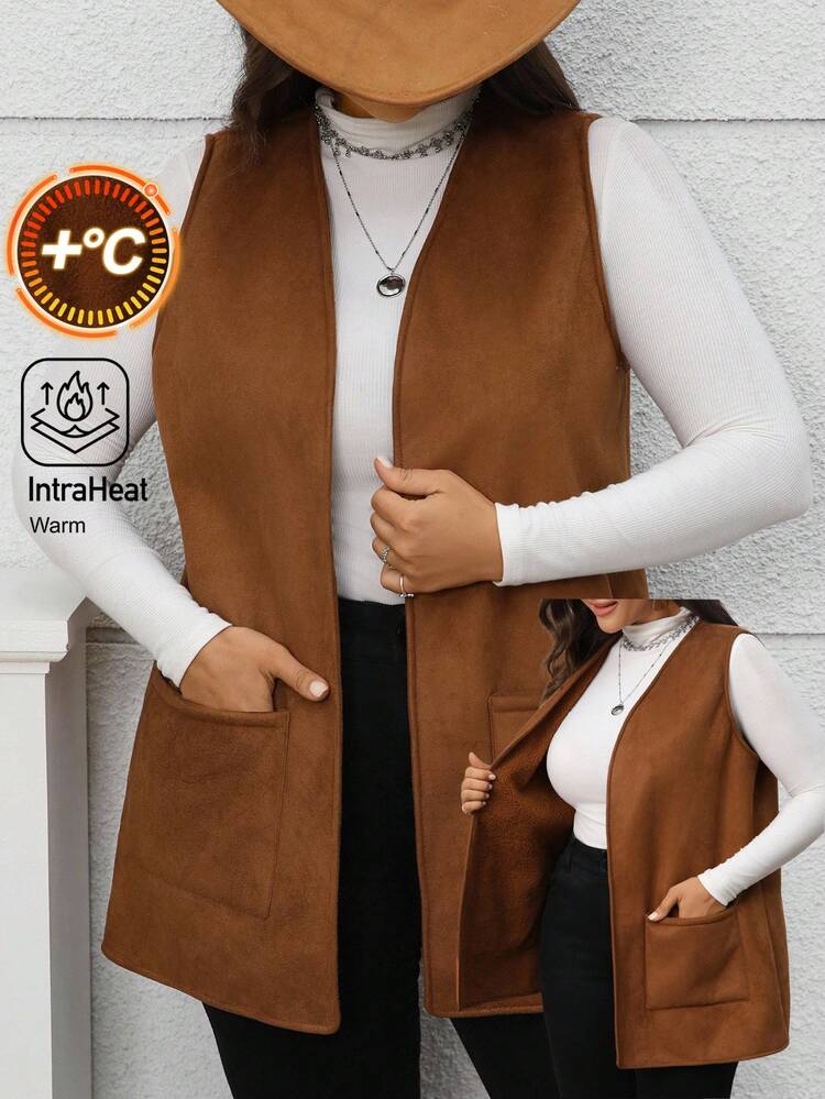 Plus Size Women Thermal Lined Pocket Vest Coat, Suitable For Autumn/Winter,Fall,Winter Women,Business Casual,Classy,Country,For Stylish Everyday Wear,Fall,Chic Autumn&Winter