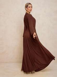 Lumalex 女式超长连衣裙，搭配紧身裤、透视 V 领、泡泡袖、褶饰系带、可拆卸金属扣和超大裙摆 - 咖啡棕 - 查看 2