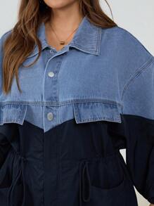 SHEIN CURVE+ 大码女式撞色落肩长袖抽绳腰休闲牛仔夹克 - 藍色 - 查看 6