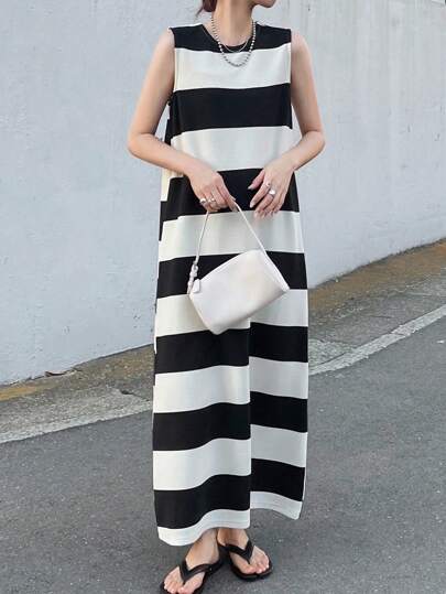 FRIFUL 女士条纹圆领无袖休闲长款夏季度假连衣裙