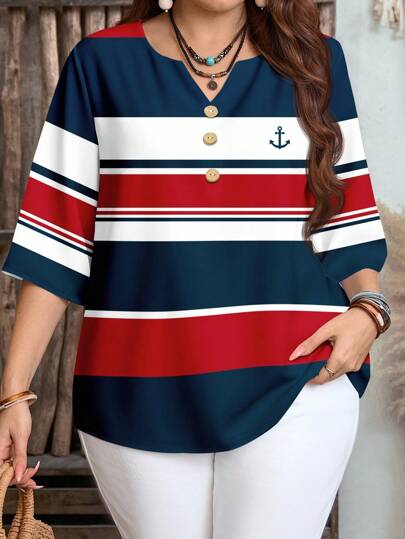 Mellowie Plus Size Women's Front Buttoned College Style Nautical Red And Blue Contrast Striped Pattern Short Sleeve Casual Shirt, Women's Summer Shirt, Women's Shirt, Country Vacation Style, Women's Bohemian Shirt, Women's Country Casual Vacation Wear, Simple And Fashionable, Suitable For Daily Wear, Women's Summer Tops, Women's Summer Clothes Chic Blouses For Women