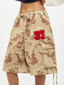 SUMWON WOMEN Cargo Utility Wide Leg Bermuda Shorts With Embroidered Patches Military Fashion Streetwear Summer Bottoms Holiday Festival Casual Drawstring