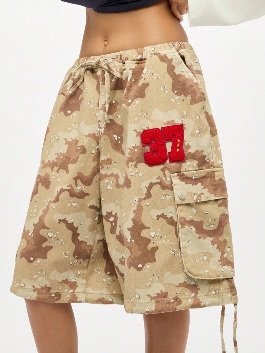 SUMWON WOMEN Cargo Utility Wide Leg Bermuda Shorts With Embroidered Patches Military Fashion Streetwear Summer Bottoms Holiday Festival Casual Drawstring