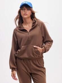Eassivo Eassivo 女式纯色插肩袖拉链半襟休闲连帽运动衫 - 棕色 - 查看 9
