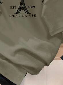 青少年女孩休闲图案短袖T恤，适合夏季 - 軍綠色 - 查看 5