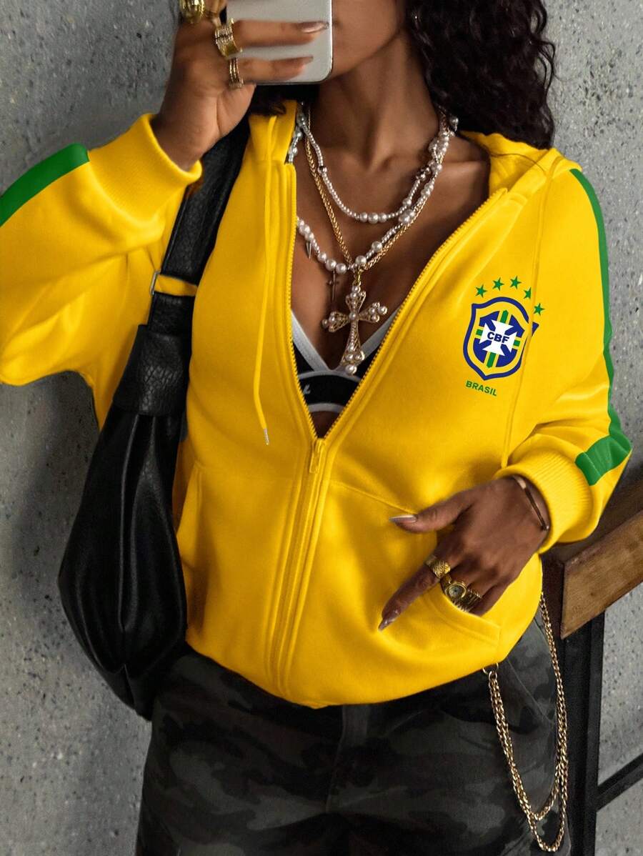 Rovax Women's Star Print Long Sleeve Zip Front Hooded Sweatshirt With Pockets Fall Cloth For Women - Mustard Yellow - View 1