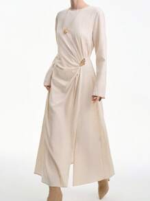 Aalyst Women's Elegant Minimalist High-End Casual Vacation Commute Comfortable Solid Color Linen Round Neck Front Pleated Metal Decor Elastic Waist Long Sleeve Maxi Dress, Spring/Autumn/Winter Fall Cloth For Women