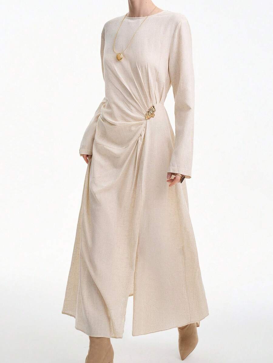 Aalyst Women's Elegant Minimalist High-End Casual Vacation Commute Comfortable Solid Color Linen Round Neck Front Pleated Metal Decor Elastic Waist Long Sleeve Maxi Dress, Spring/Autumn/Winter Fall Cloth For Women