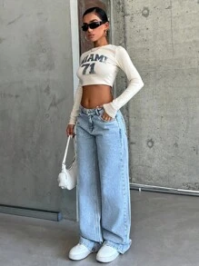 EURMUSE 100% Cotton LOW RISE WIDELEG CUT LIGHT BLUE WOMEN JEAN - Light Wash - View 3