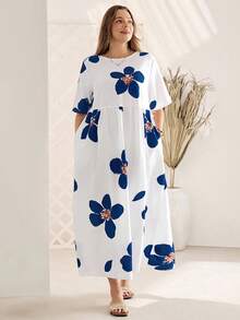 Rosumi 大码夏季优雅花卉印花宽松不对称口袋连衣裙 - 彩色 - 查看 3