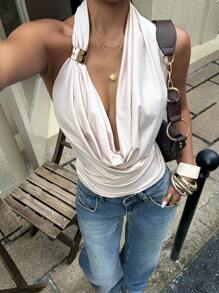 Siren Gaze Women's Draped Collar Halter Metal Buckle Embellished Top,Cute Tops ,Top, Going Out Tops Fall Women Y2k Tops Asymmetrical Top Modest Tops Old Money Women Rave Date Night Women Concert For Women Chic Summer Casual - Apricot - View 4