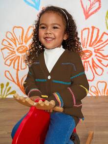 Cardigan casual solto listrado colorido para meninas Cardigan marrom para meninas Cardigan listrado para meninas Cardigan de malha infantil Cardigan para meninas Cardigan com botões para meninas no outono/inverno - Castanho - Ver 5