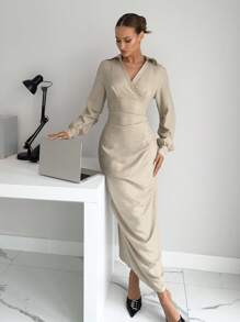 Siren Gaze Damen V-Ausschnitt Tailliertes Hemdkleid, Neuankömmling für den Herbst - Aprikosenfarben - Übersicht 3
