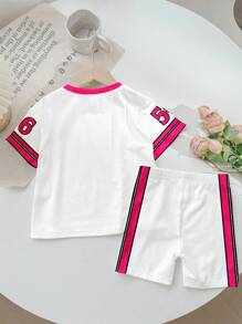 SHEIN Set 2 buc. Ținută sport casual pentru fete, cu numărul 56, imprimeu cu sloganul "Every Day Is Memorable", mâneci colorate, tricou cu mânecă scurtă și pantaloni scurți de ciclism, potrivită pentru vară, sport, fitness, ținute casual și ocazii sociale. - Multicolor - Vizualizare 4