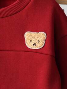 SHEIN Playful Pals 2 件套男婴春秋季套装，酒红色圆领长袖上衣搭配同色裤子，饰有小熊刺绣，休闲