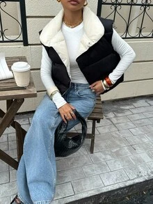 Siren Gaze 秋冬二合一双面高领加厚背心夹克，羽绒背心 - 黑色 - 查看 5