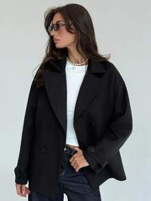 Aloruh Abrigo casual de mujer de unicolor, de doble botonadura, con hombros caídos y mangas largas, para otoño/invierno - Negro - Ver 3