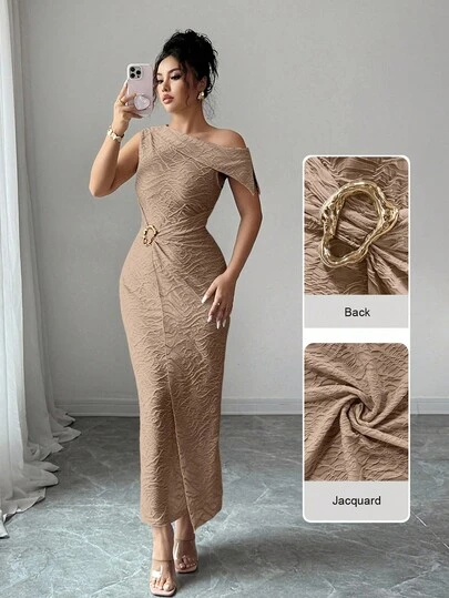 Modelyn Sleeveless Textured Metal Decor Dress For Women Plus Size Formal Dress Jacquard Plus Size Dress Ruched Plus Size Dress Plus Size Elegant Dress Gold Plus Size Dress Jacquard Elegant Dress Curvy Dress Curve Elegant Dress Formal Ruched Dress One Shoulder Dress