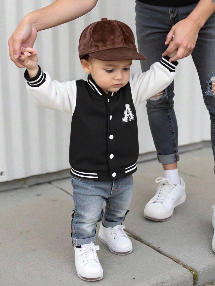 Baby/Toddler Unisex Casual Comfortable Varsity Contrast Sleeve Baseball Jacket,In Fall/Winter - Black and White - View 1
