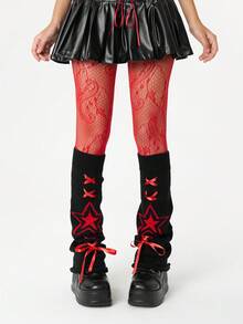 ROMWE Grunge Punk 1 par de calcetines de red de estilo punk con patrón de tornado rojo + 1 par de ligas para la pierna con patrón de estrella Y2K, adecuados para uso diario, fiesta de baile, combinación de calcetines de ajuste ceñido - Multicolor - Ver 6