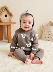 SHEIN Playful Pals Baby Boys' Camel Bear Jacquard Knit Sweater Set, Soft & Thick Fabric, Suitable For Casual Wear, Autumn/Winter Fall