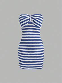 Sweetra 女式撞色条纹露背针织抹胸紧身迷你连衣裙，修身腰部，夏季 - 彩色 - 查看 3