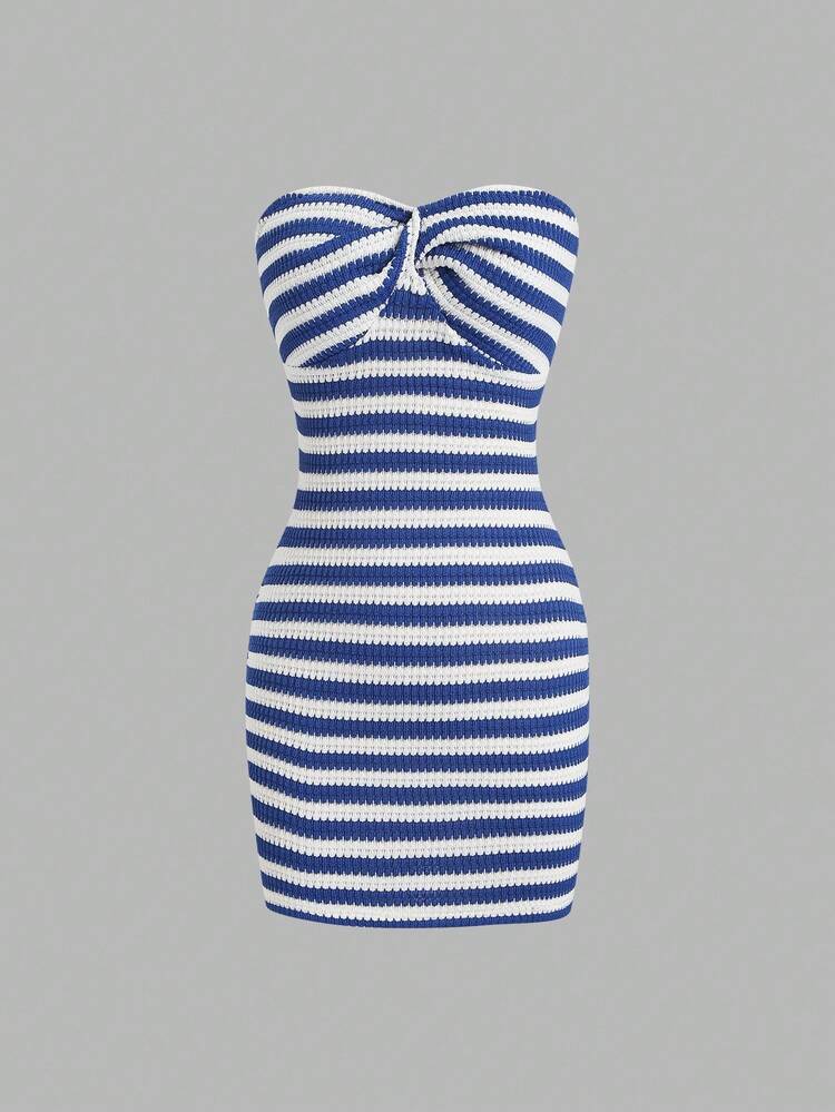 Sweetra Women's Contrast Striped Backless Knit Tube Top Bodycon Mini Dress, Fitted Waist, Summer - Multicolor - View 3