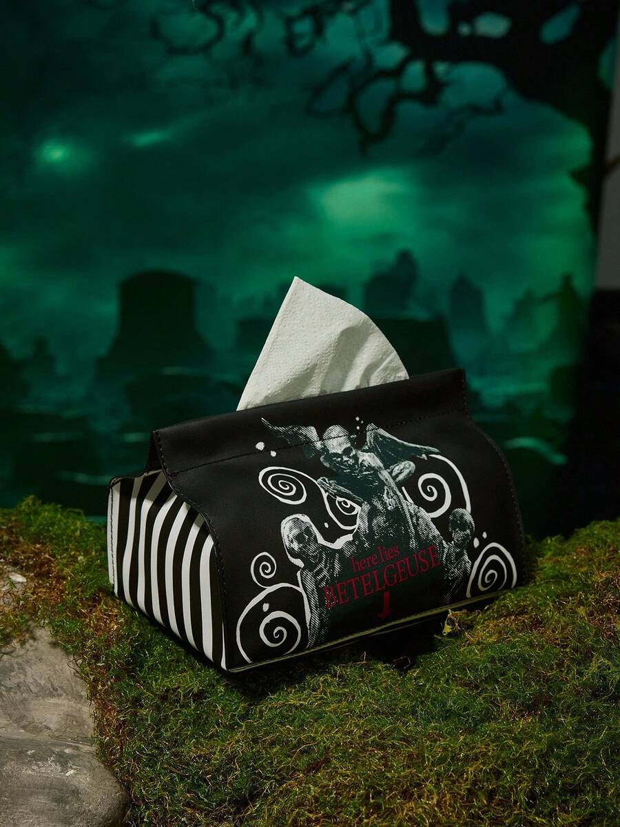 Beetlejuice X SHEIN 1pc Movie Graphic Printed PU Tissue Box, Suitable For Storing Tissues, Home Decor, Goth - Black and White - View 1