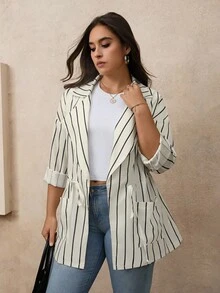 EMERY ROSE معطف نسائي بخطوط وياقة طية وأكمام طويلة وحزام خصر وجيوب لفصلي الخريف والشتاء - متعدد الألوان - مشاهدة 4