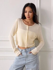 SHEIN PETITE 休閒百搭純色短版開襟衫，秋冬款，適合嬌小女性 - 黃色 - 查看 6