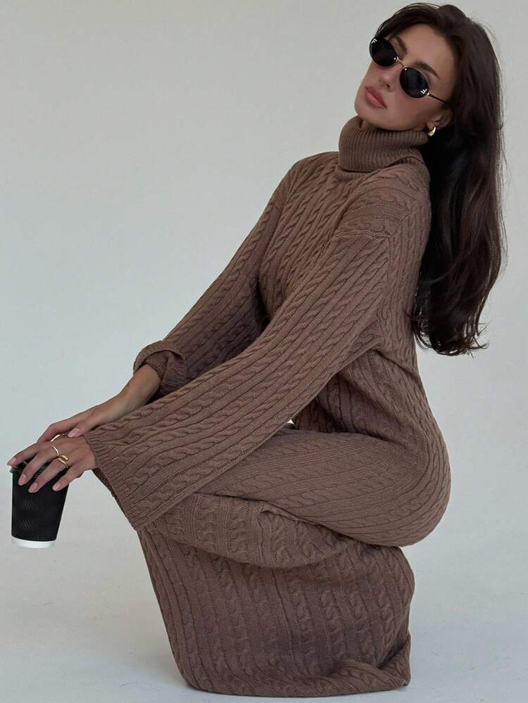 Aloruh New Arrival Autumn Simple Retro Cable Knit Long Fitted High Neck Loose Casual Sweater Dress,Fall - Coffee Brown - View 3