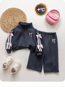 SHEIN Babygirl Cute Versatile Grey Bow Collar Sweatshirt Set, Autumn/Winter Autumn And Winter Two Piece Suit Toddler Girl Two Piece Sets Toddler Girl Tracksuit Girls Two Piece Set Girl Clothes Sets Fall