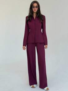 Aloruh Women's Solid Color Long Sleeve Single-Breasted Jacket And Pants Casual Suit Set In Fall/Winter - Burgundy - View 1