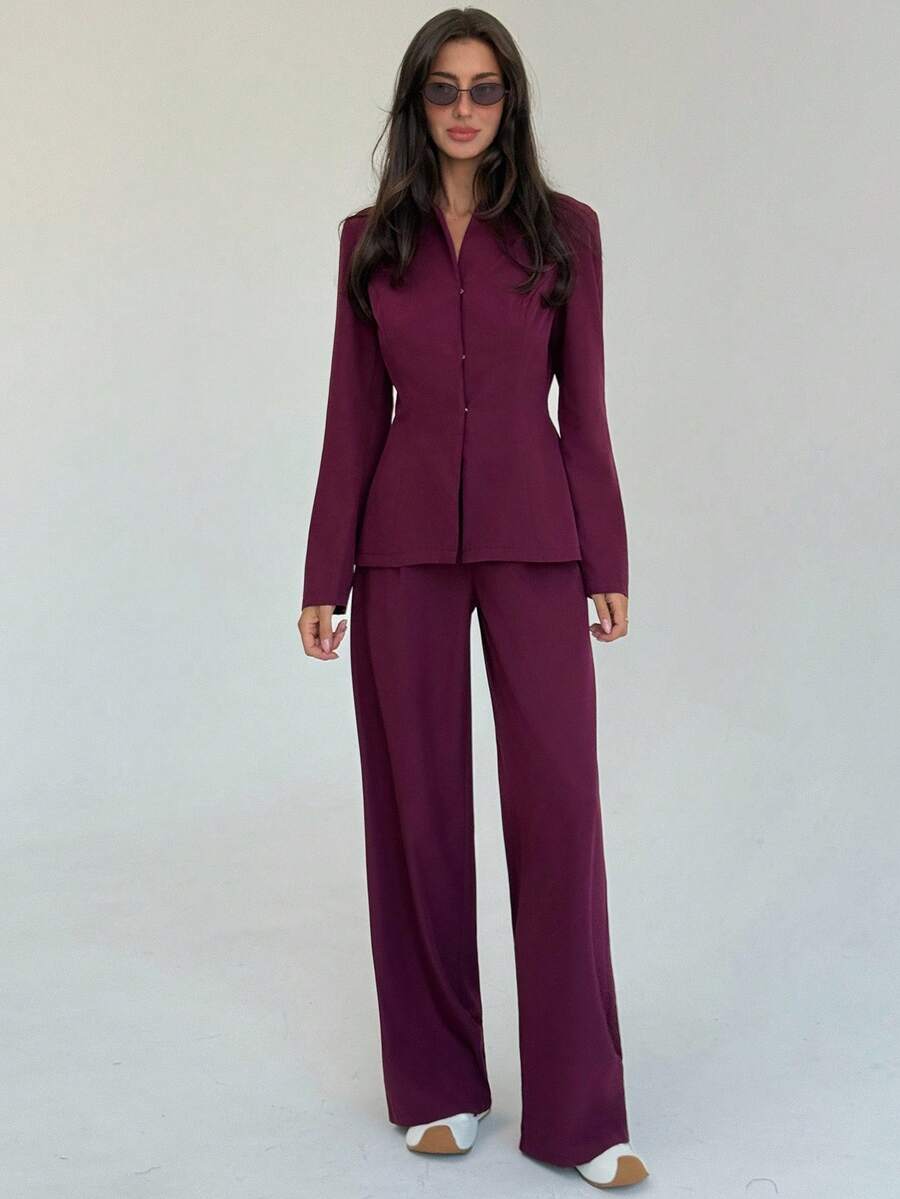 Aloruh Women's Solid Color Long Sleeve Single-Breasted Jacket And Pants Casual Suit Set In Fall/Winter - Burgundy - View 1