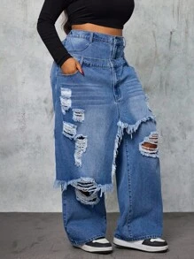 Slaydiva Plus Size Blue Distressed Frayed Hem Fashion Double Layer Design Jeans New Fall Fashion Women,Fall Clothes For Women - Blue - View 4