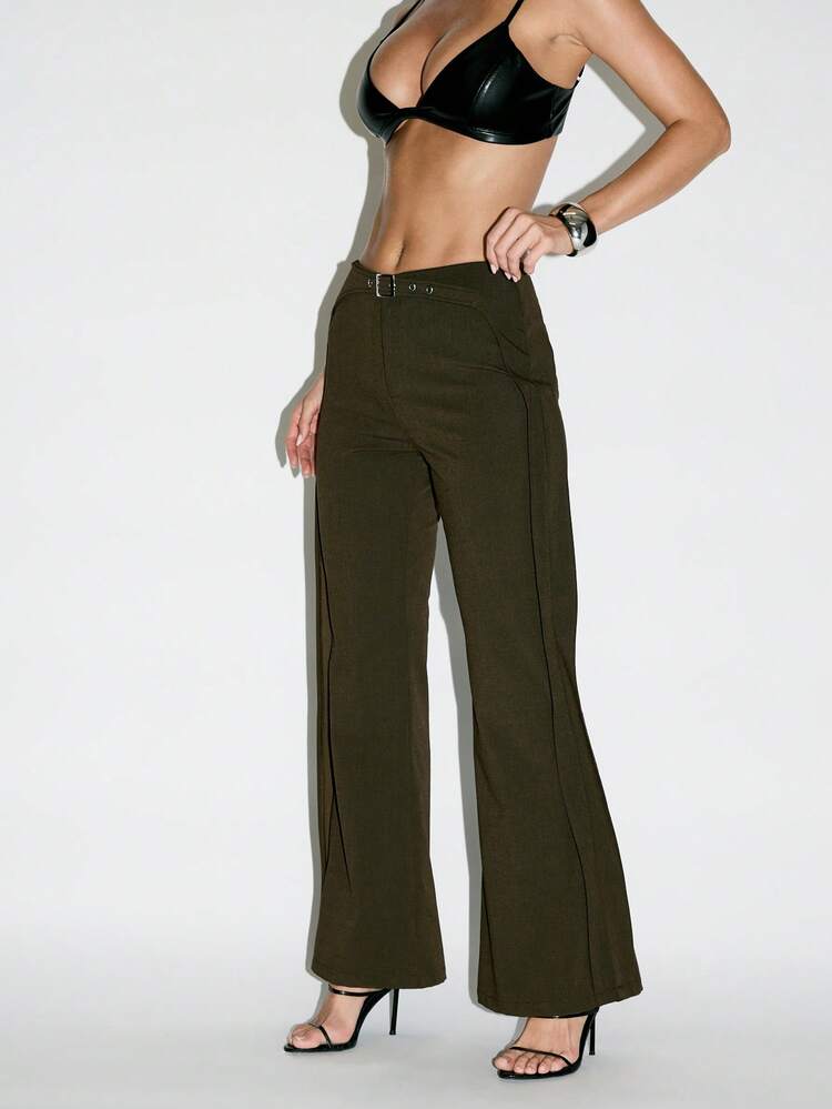 KIZN Wide Leg Palazzo Pants With Belt Buckle Detail