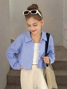 SHEIN Tween Girls Long Sleeve Blue Striped Loose Cropped Shirt - Blue - View 5