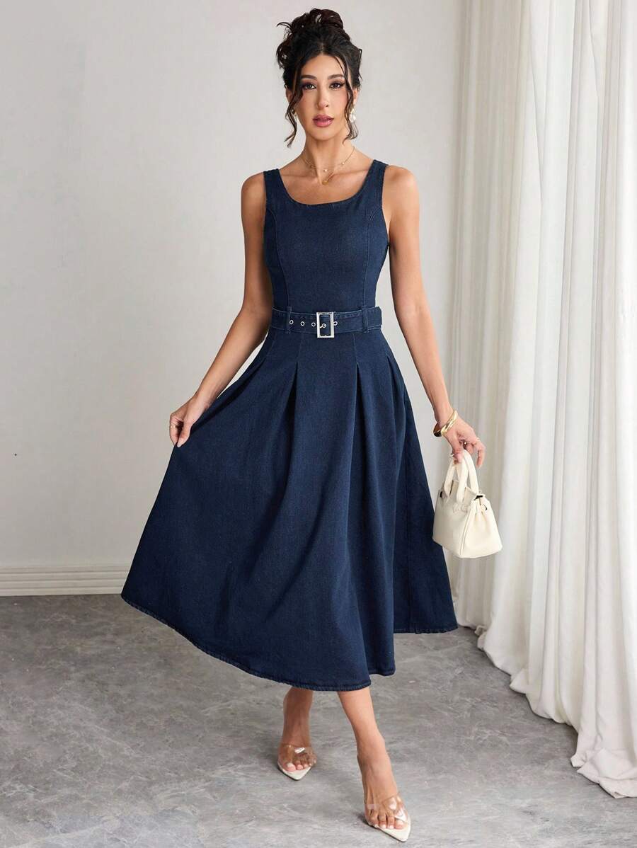 Elenzga 女式方领褶边无袖优雅牛仔连衣裙 - 深色水洗藍 - 查看 1