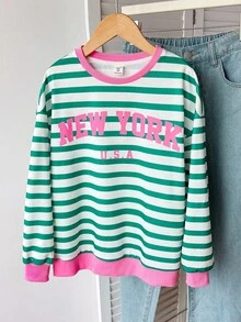 SHEIN Tween Girl Casual Minimalist Printed Pattern Loose Fit Crew Neck Long Sleeve Hoodie Sweatshirt,In Fall/Winter - Green - View 3