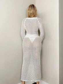 Sweetina 2pcs Fall Women's White Sheer Long Sleeve Sexy Knit Sweaters Solid Color Hollow Out Raglan Sleeve Single-Breasted Knitted Cardigan And Fitted Knitted Skirt 2 Pieces Set - Beige - View 2