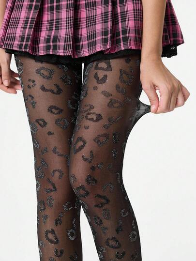 1 Paar Gothic Dunkelsilber-Faden Leoparden-Muster Strümpfe