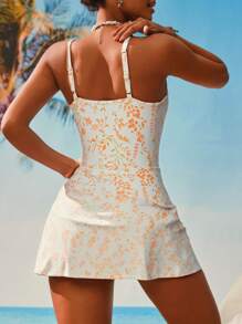 Swim Lushoire Bộ đồ bơi và váy ngắn in họa tiết toàn thân dành cho nữ, thích hợp cho kỳ nghỉ biển, tiệc bể bơi, tiệc bãi biển. - Vàng nhạt - Xem 2