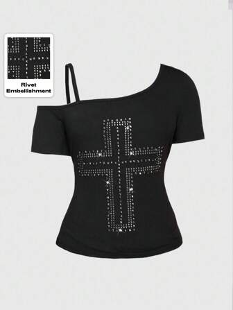 Grunge Punk Maglietta da donna vintage Y2K sexy con spalle scoperte, decorata con rivetti a croce, di colore unito e versatile