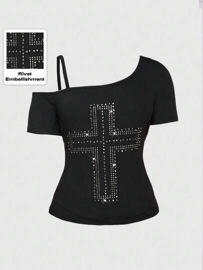 Grunge Punk Maglietta da donna vintage Y2K sexy con spalle scoperte, decorata con rivetti a croce, di colore unito e versatile