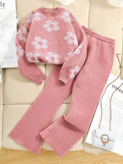 SHEIN Tween Girl Casual Floral Jacquard Oversized Pullover Sweater And Wide Leg Pants 2pcs Set, Suitable For Indoor And Outdoor, Pink, Autumn/Winter