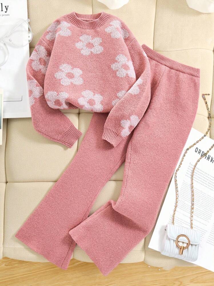 SHEIN Tween Girl Casual Floral Jacquard Oversized Pullover Sweater And Wide Leg Pants 2pcs Set, Suitable For Indoor And Outdoor, Pink, Autumn/Winter - Dusty Pink - View 1